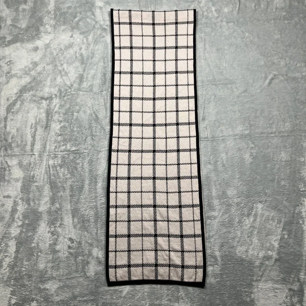 Coach‎ Scarf Black Ivory Reversible Plaid Wool Cotton Knit Leather Logo